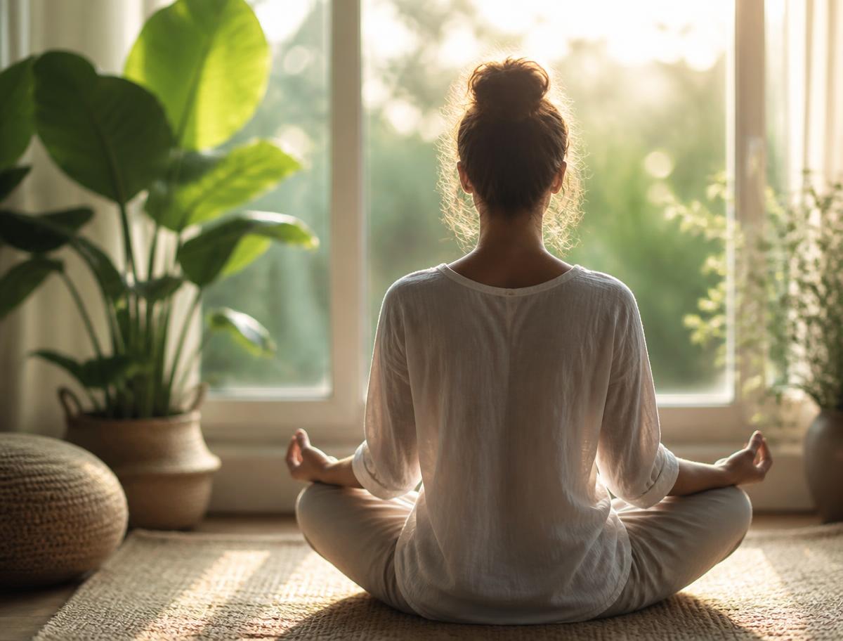 Pessoa em meditação junto a uma janela com luz natural